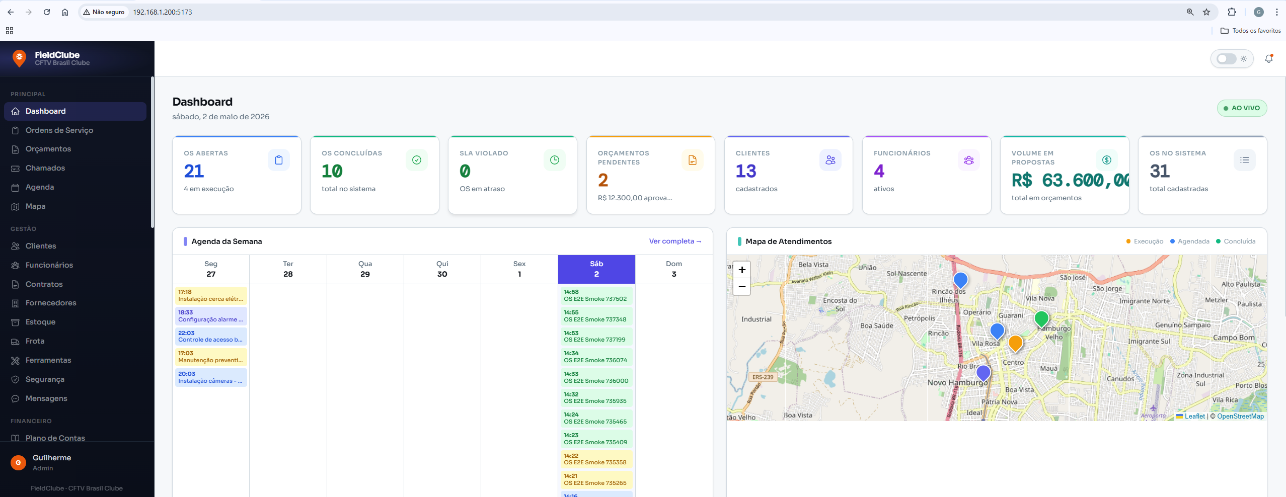 Dashboard com KPIs, agenda e mapa — FieldClube
